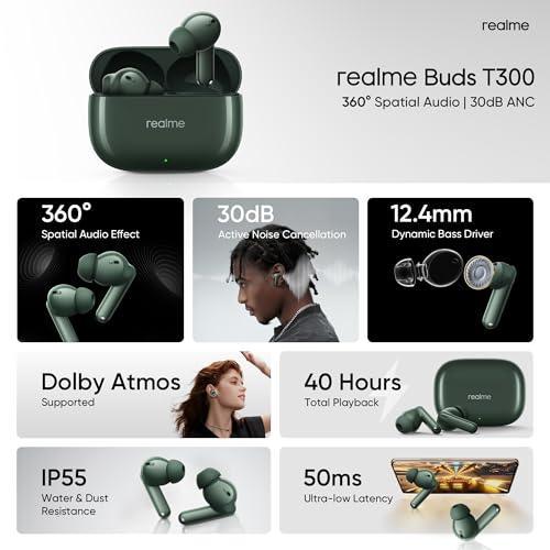 realme Buds T300 Truly Wireless in-Ear Earbuds with 30dB ANC, 360° Spatial Audio Effect, 12.4mm Dynamic Bass Boost Driver with Dolby Atmos Support, Upto 40Hrs Battery and Fast Charging (Dome Green) - Triveni World