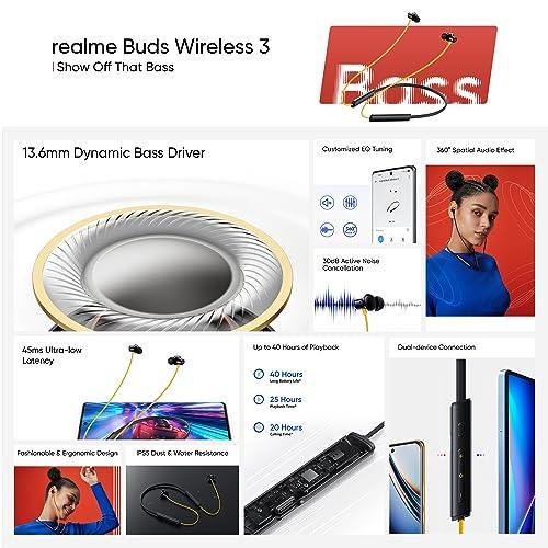 realme Buds Wireless 3 in-Ear Bluetooth Headphones,30dB ANC, Spatial Audio,13.6mm Dynamic Bass Driver,Upto 40 Hours Playback, Fast Charging, 45ms Low Latency for Gaming,Dual Device Connection (Yellow) - Triveni World