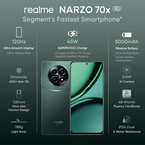 realme NARZO 70x 5G (Forest Green,4GB RAM, 128GB Storage) |120Hz Ultra Smooth Display | Dimensity 6100+ 6nm 5G | 50MP AI Camera|45W Charger in The Box - Triveni World