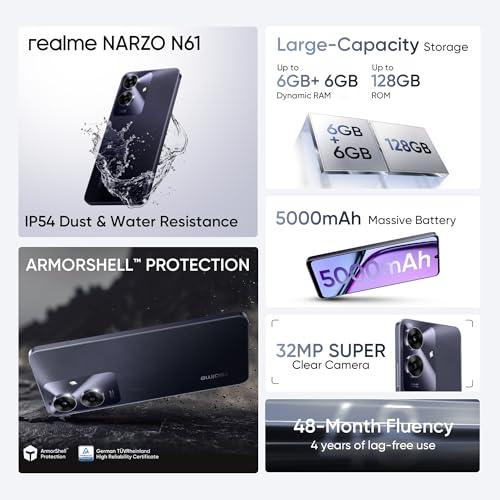 realme NARZO N61 (Marble Black, 4GB RAM+64GB Storage) 90Hz Eye Comfort Display | IP54 Dust & Water Resistance | 48-Month Fluency | Charger in The Box - Triveni World