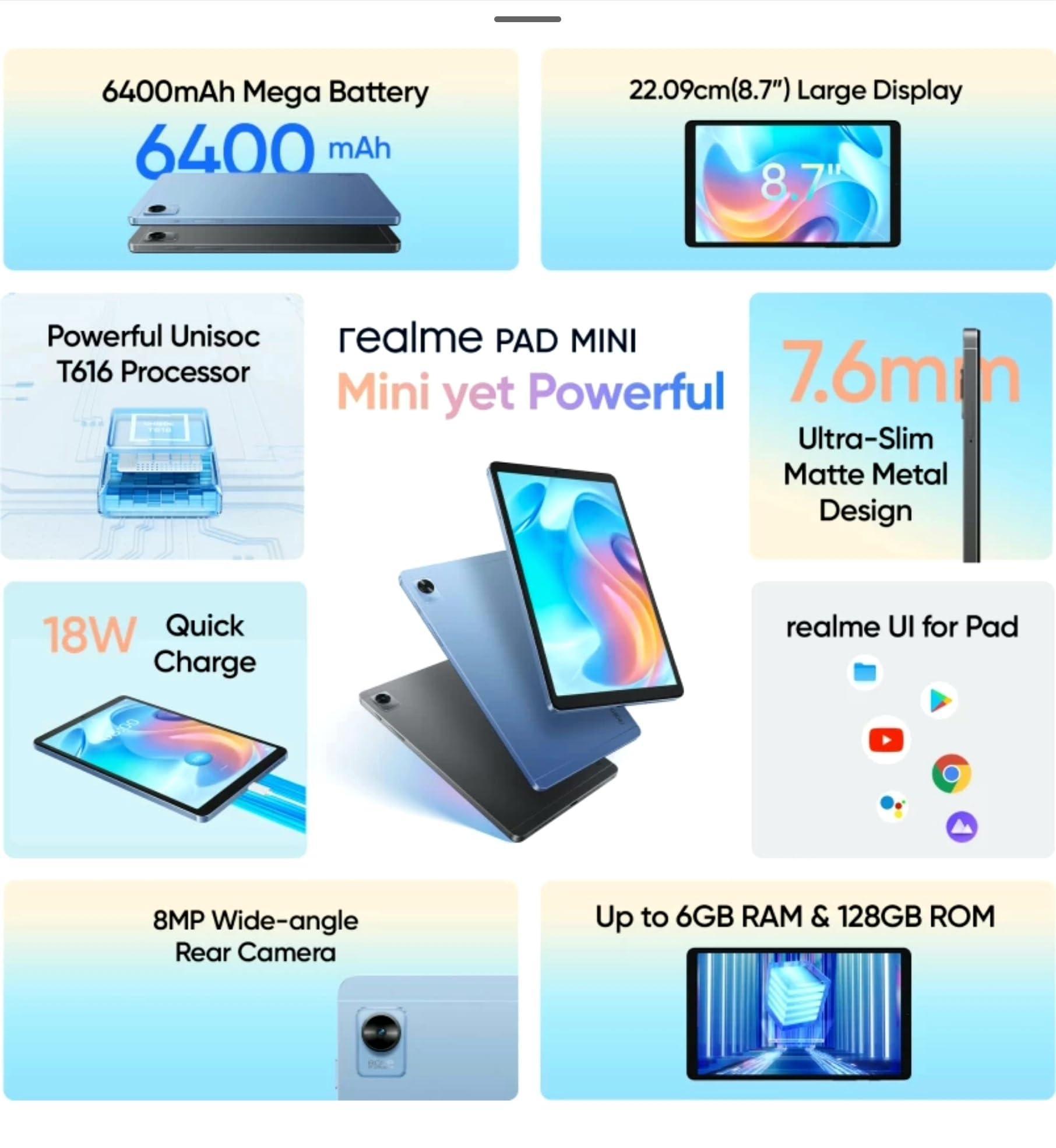 realme Pad Mini WiFi+4G Tablet | 6GB RAM 128GB ROM (Expandable), 22.1cm (8.7 inch) Cinematic Display | 6400 mAh Battery | Dual Speakers | Blue Colour - Triveni World