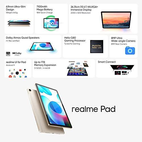 realme Pad WiFi+4G Tablet | 6GB RAM 128GB ROM (Expandable) | 26.4cm (10.4 inch) WUXGA+ Display | 7100 mAh Battery | Dolby Atmos Quad Speaker | Golden Colour - Triveni World