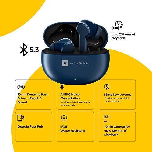 realme TechLife Buds T100 Bluetooth Truly Wireless in Ear Earbuds with mic, AI ENC for Calls, Google Fast Pair, 28 Hours Total Playback with Fast Charging and Low Latency Gaming Mode (Blue) - Triveni World