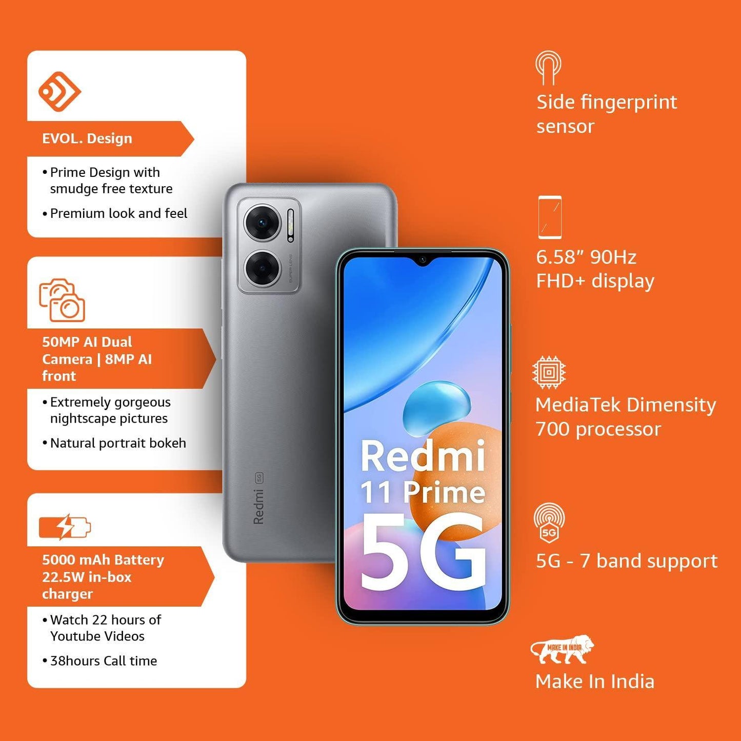 Redmi 11 Prime 5G (Chrome Silver, 4GB RAM 64GB ROM) | Prime Design | MTK Dimensity 700 | 50 MP Dual Cam | 5000mAh | 7 Band 5G - Triveni World