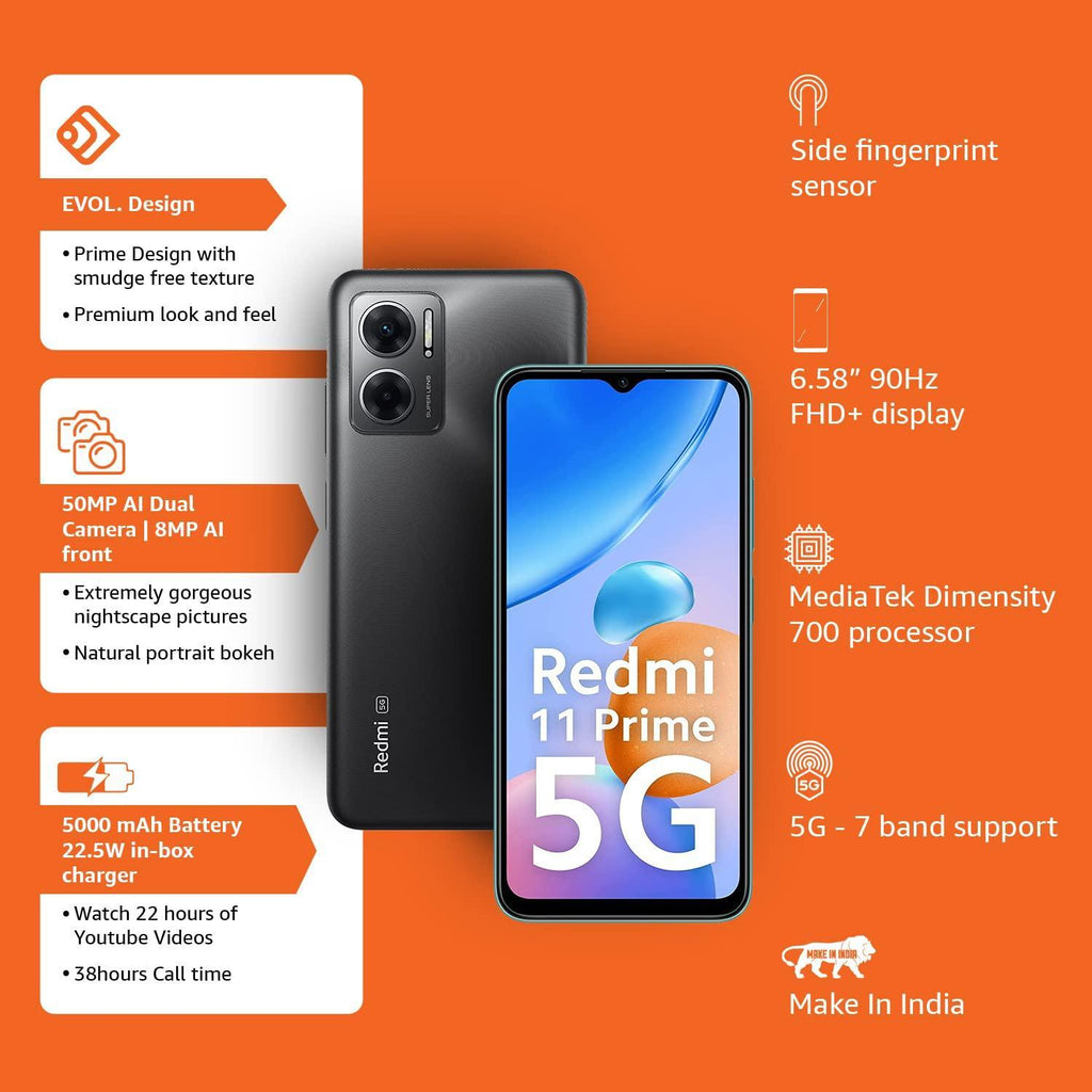 Redmi 11 Prime 5G (Thunder Black, 6GB RAM, 128GB Storage) | Prime Design | MTK Dimensity 700 | 50 MP Dual Cam | 5000mAh | 7 Band 5G - Triveni World