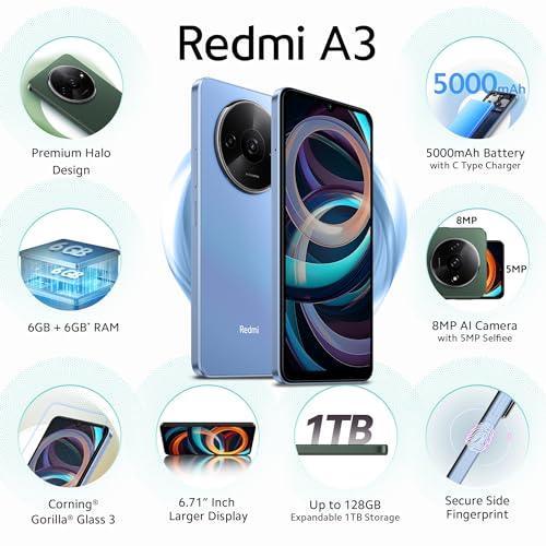 Redmi A3 (Lake Blue, 4GB RAM, 128GB Storage) | Premium Halo Design | 90Hz Display - Triveni World