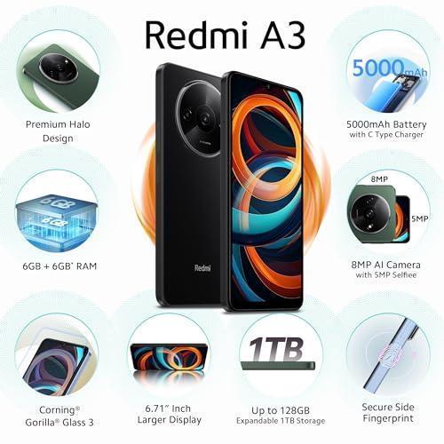 Redmi A3 (Midnight Black, 3GB RAM, 64GB Storage) | Premium Halo Design | 90Hz Display - Triveni World