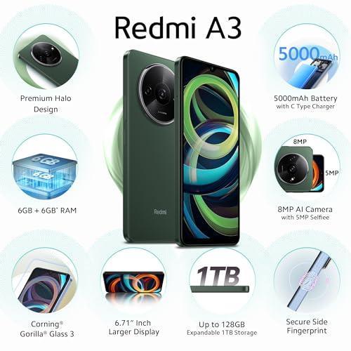 Redmi A3 (Olive Green, 6GB RAM, 128GB Storage) | Premium Halo Design | 90Hz Display - Triveni World