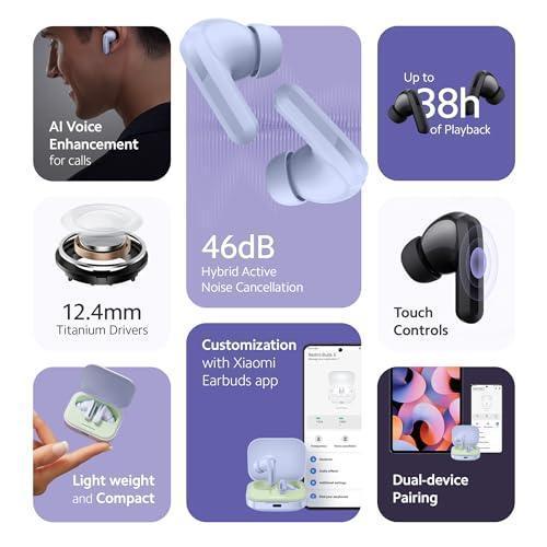 Redmi Buds 5 Bluetooth TWS Earbuds, Up to 46dB Hybrid Noise Cancellation, Quad Mic with AI Call Enhancement, 10mins Charge for 4Hours Life, Up to 38Hrs Playback| Fusion Purple - Triveni World