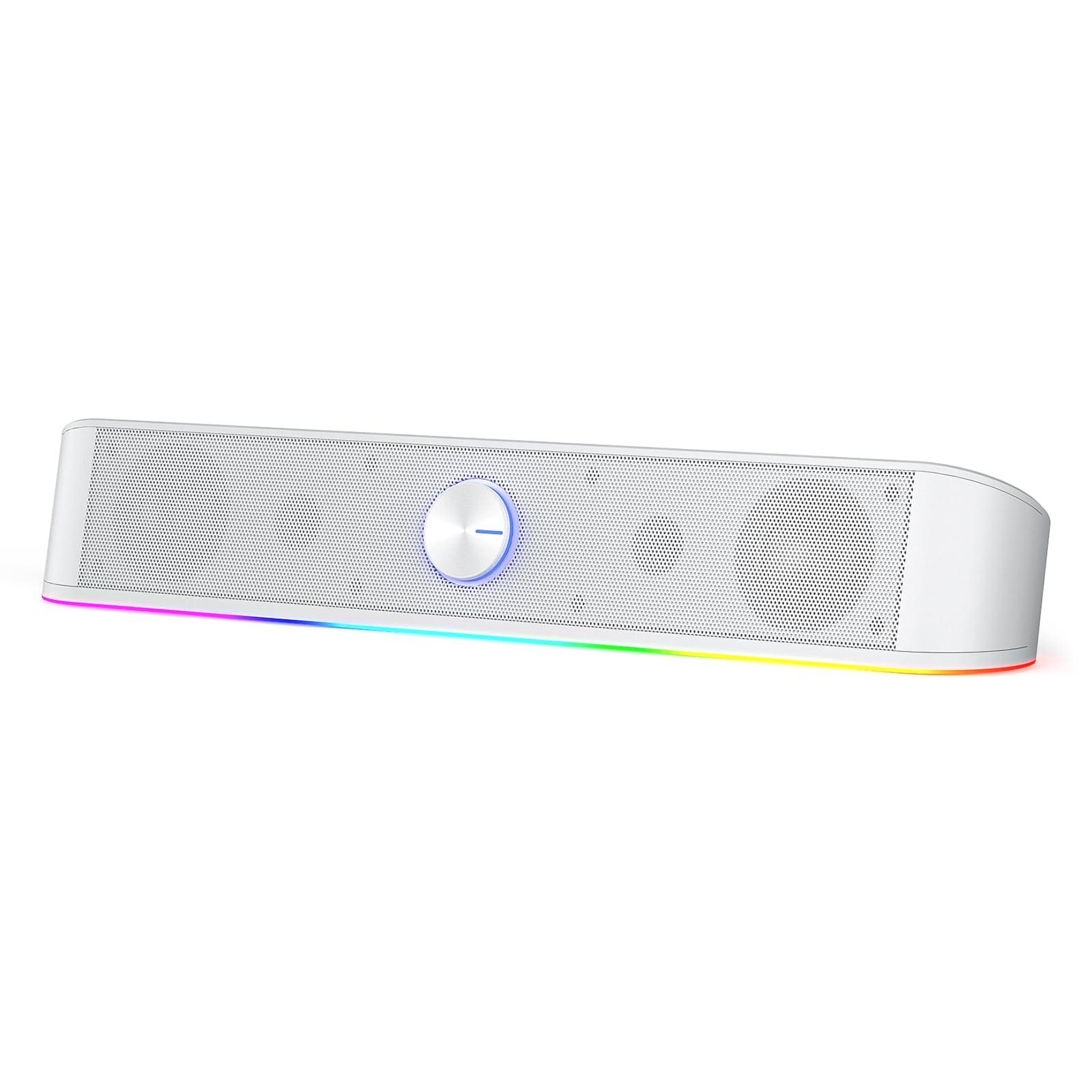 Redragon GS560 RGB Desktop Soundbar, 2.0 Channel Computer Speaker with Dynamic Lighting Bar Audio-Light Sync/Display, Touch-Control Backlit with Volume Knob, USB Powered w/ 3.5mm Cable, White - Triveni World