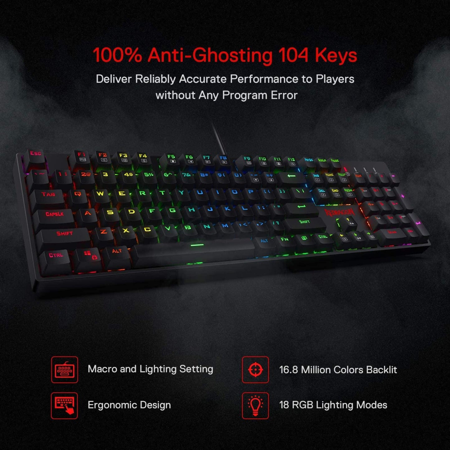 Redragon SU-RARA K582 RGB LED Backlit Mechanical Gaming Wired Keyboard with 104 Keys-Linear and Quiet-Red Switch, Black - Triveni World