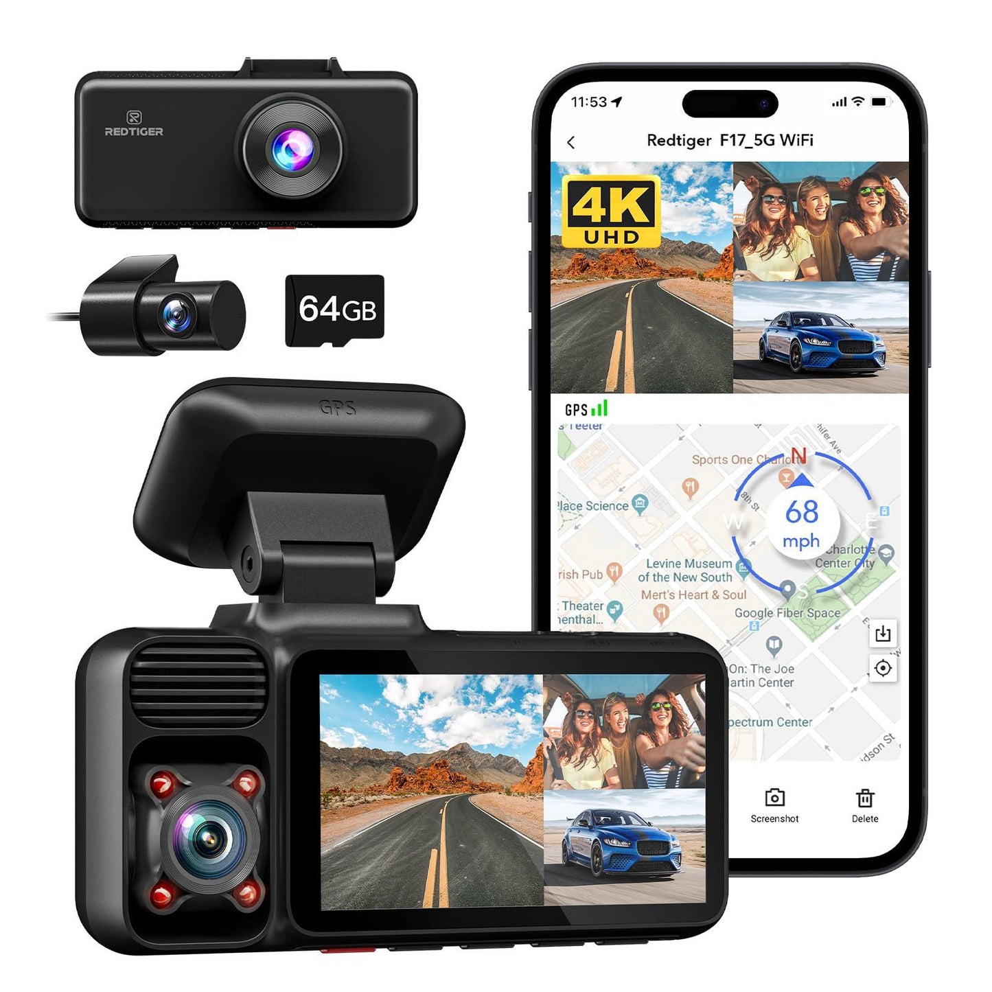 REDTIGER F17 4K 3 Channel Dash Camera for Cars Built-in 5.8GHz WiFi GPS, 2.5K+1080P+1080P Front and Rear Inside Loop Recording with 64GB Card, Dash Cam with 3 Inch Screen, WDR Night View - Triveni World