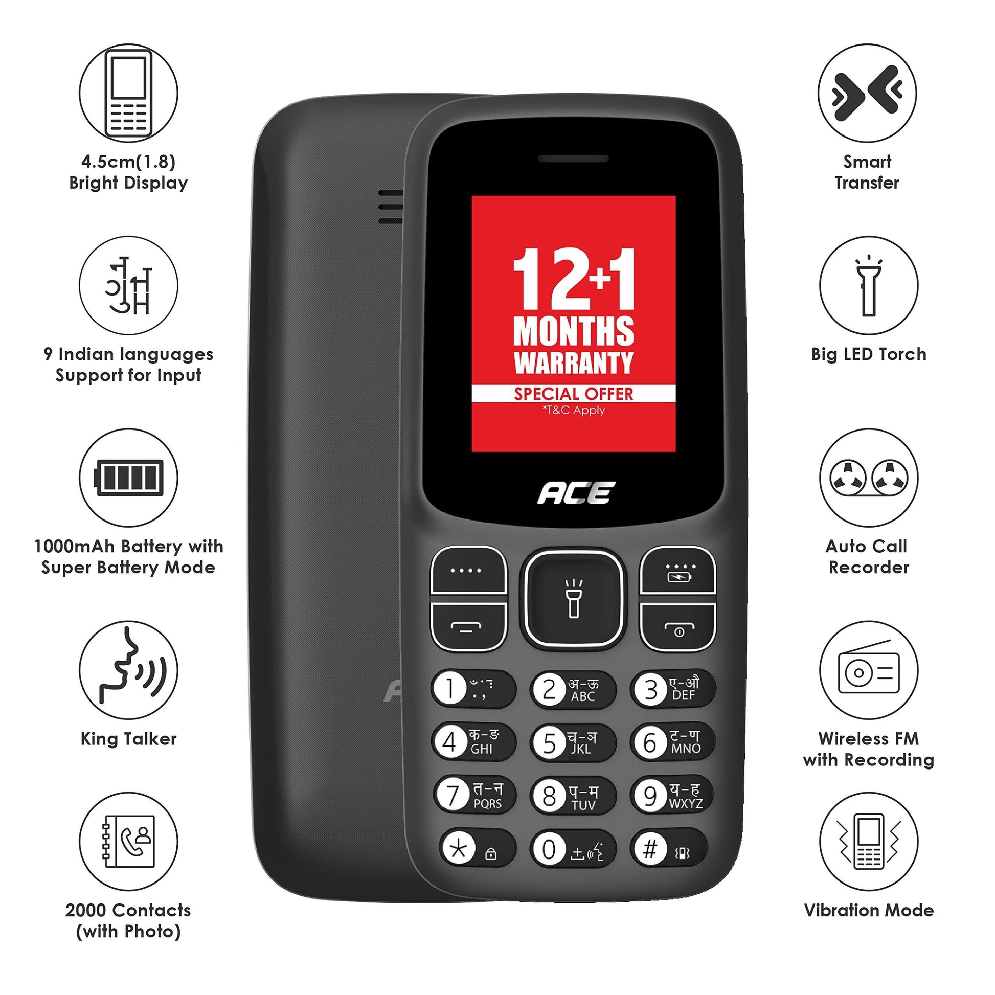 (Refurbished) itel Ace 2 (4.5cm, 1000mAh, Kingtalker)_Black - Triveni World