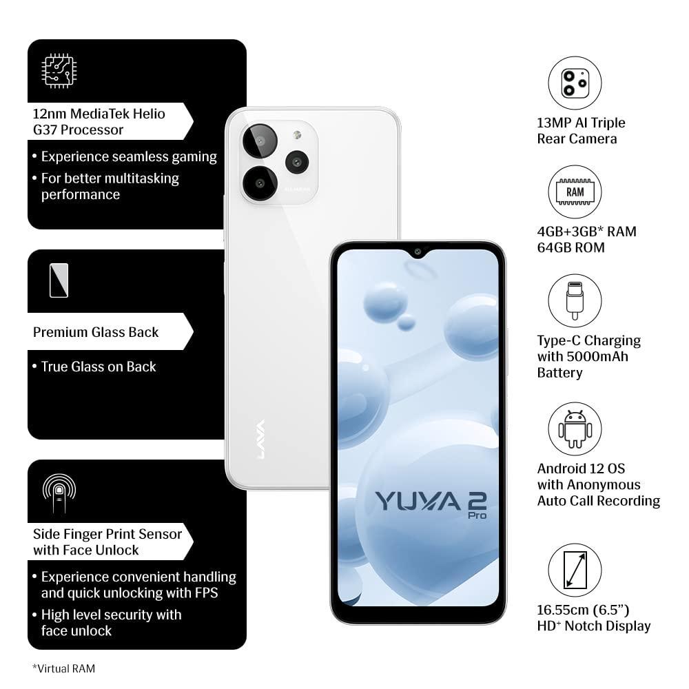 (Refurbished) Lava Yuva 2 Pro (Glass White, 4GB RAM, 64GB Storage) - Triveni World