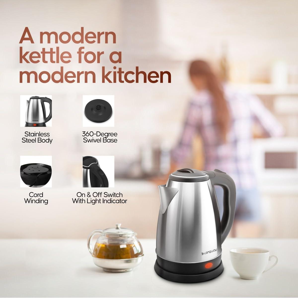 (Refurbished) Longway Kestro 1500W Electric Kettle with Stainless Steel Body, 2 litre - Auto Power Cut used for boiling Water, making tea and coffee, instant noodles, soup etc. (Black & Silver) - Triveni World