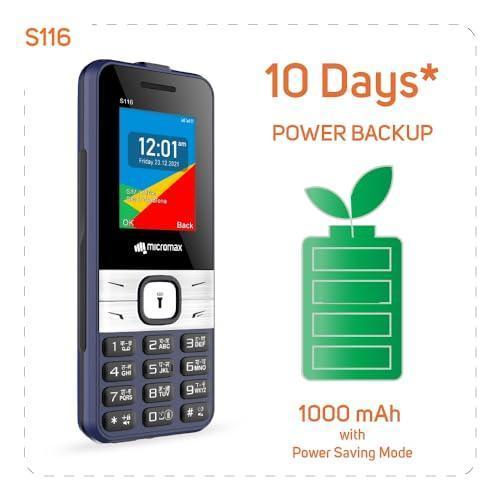 (Refurbished) Micromax S116, Dual Sim Keypad with Long Lasting Battery & Dedicated Notification Ring, Wireless FM with Auto Call Recording | Blue - Triveni World