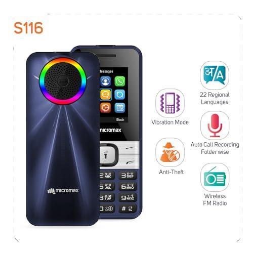 (Refurbished) Micromax S116, Dual Sim Keypad with Long Lasting Battery & Dedicated Notification Ring, Wireless FM with Auto Call Recording | Blue - Triveni World