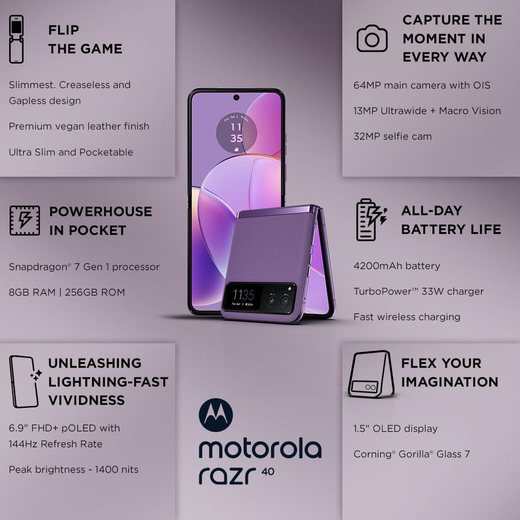 (Refurbished) Motorola razr 40 (Summer Lilac, 8GB RAM, 256GB Storage) | External AMOLED Display | 6.9" AMOLED 144Hz Display | 64MP Main Camera | Android 13 - Triveni World