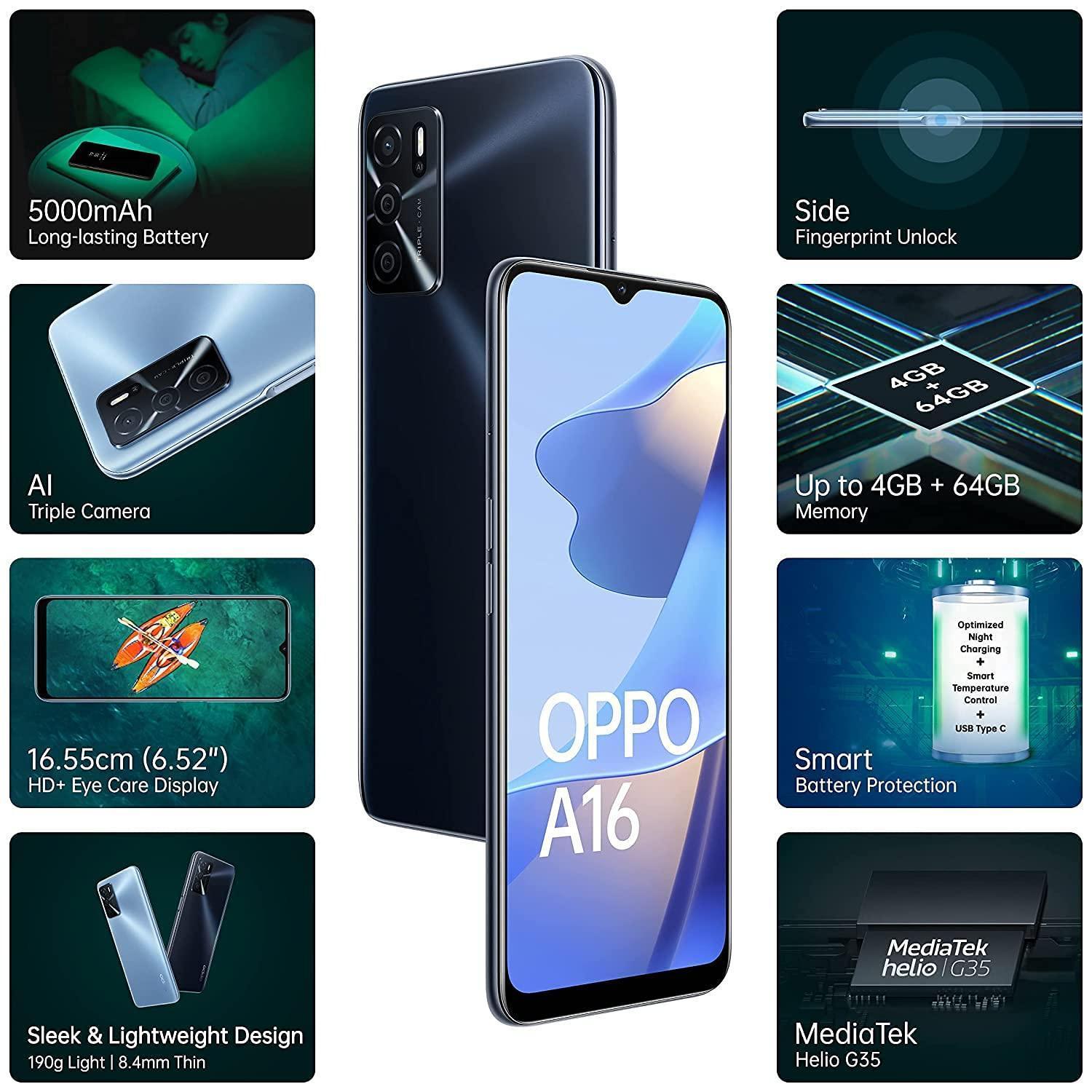 (Refurbished) Oppo A16 (Crystal Black, 4GB RAM, 64GB Storage) Without Offers, Large - Triveni World