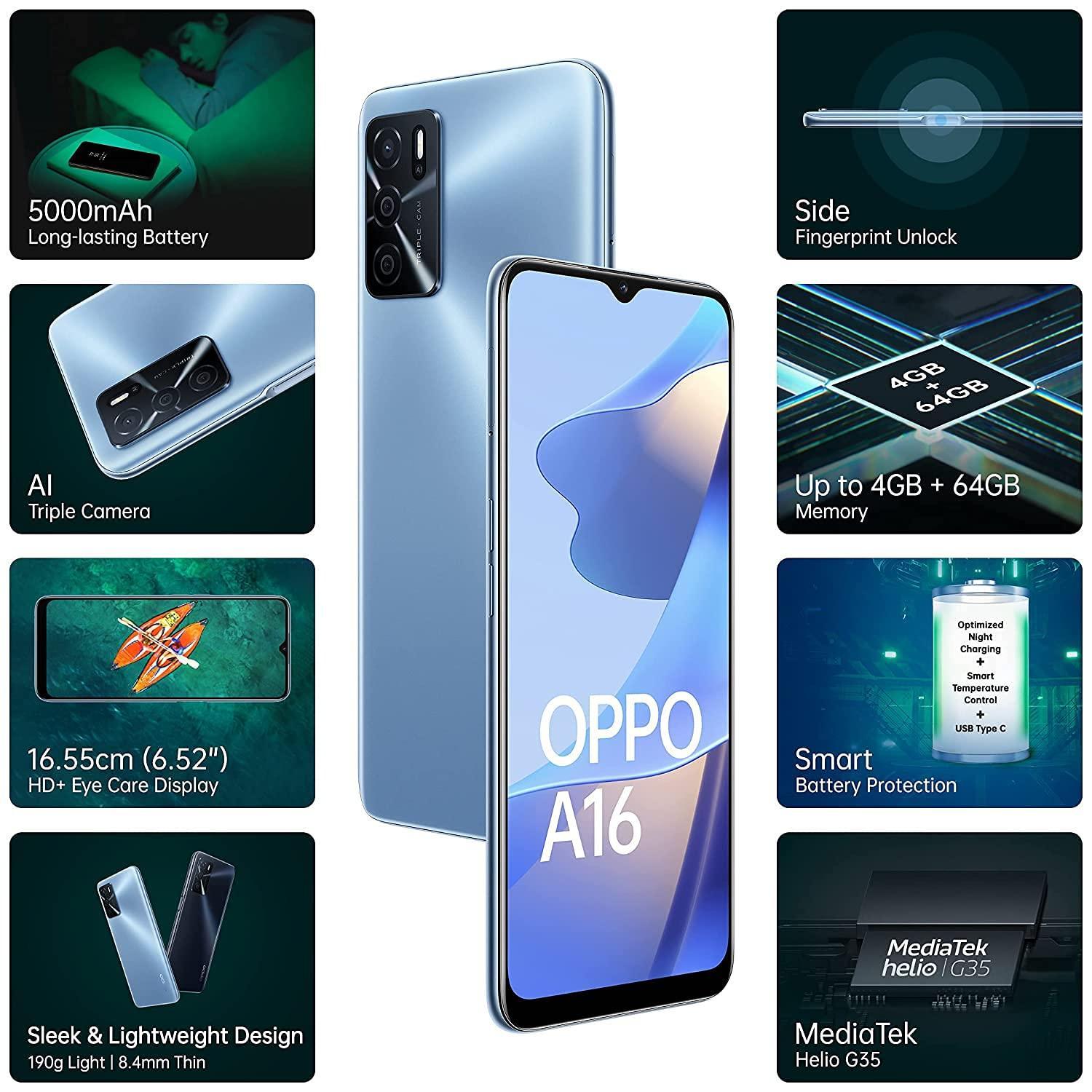 (Refurbished) Oppo A16 (Pearl Blue, 4GB RAM, 64GB Storage) Without Offers, Large - Triveni World