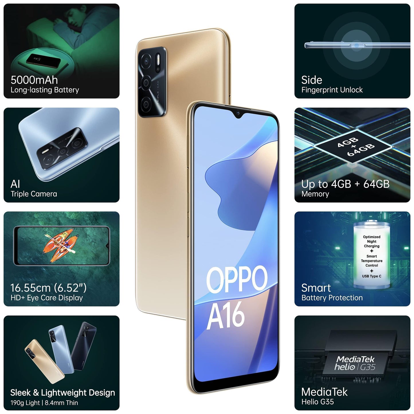 (Refurbished) Oppo A16 (Royal Gold, 4GB RAM, 64GB Storage) Without Offers, Large - Triveni World