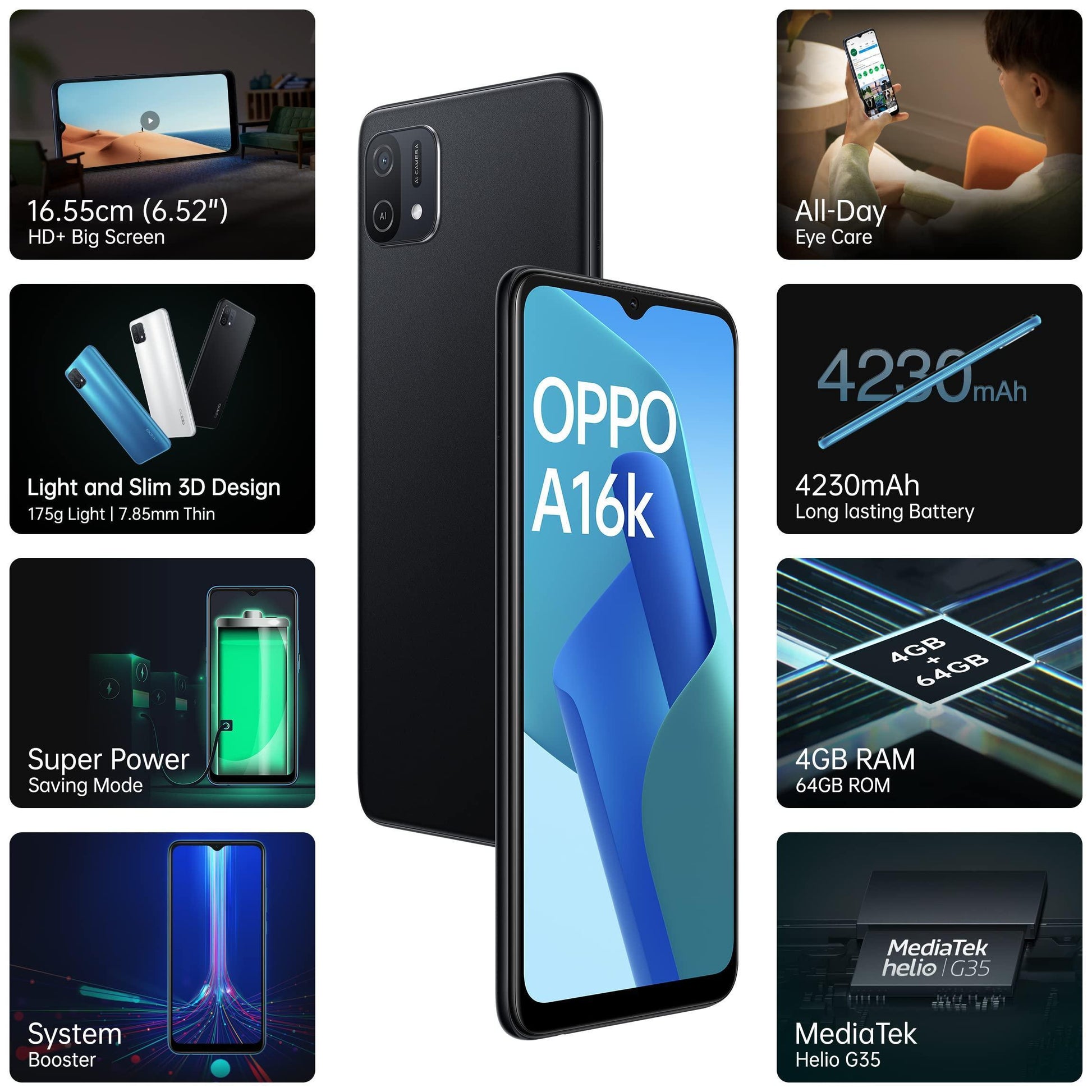 (Refurbished) Oppo A16k (Midnight Black, 4GB RAM, 64GB Storage) with No Cost EMI/Additional Exchange Offers - Triveni World