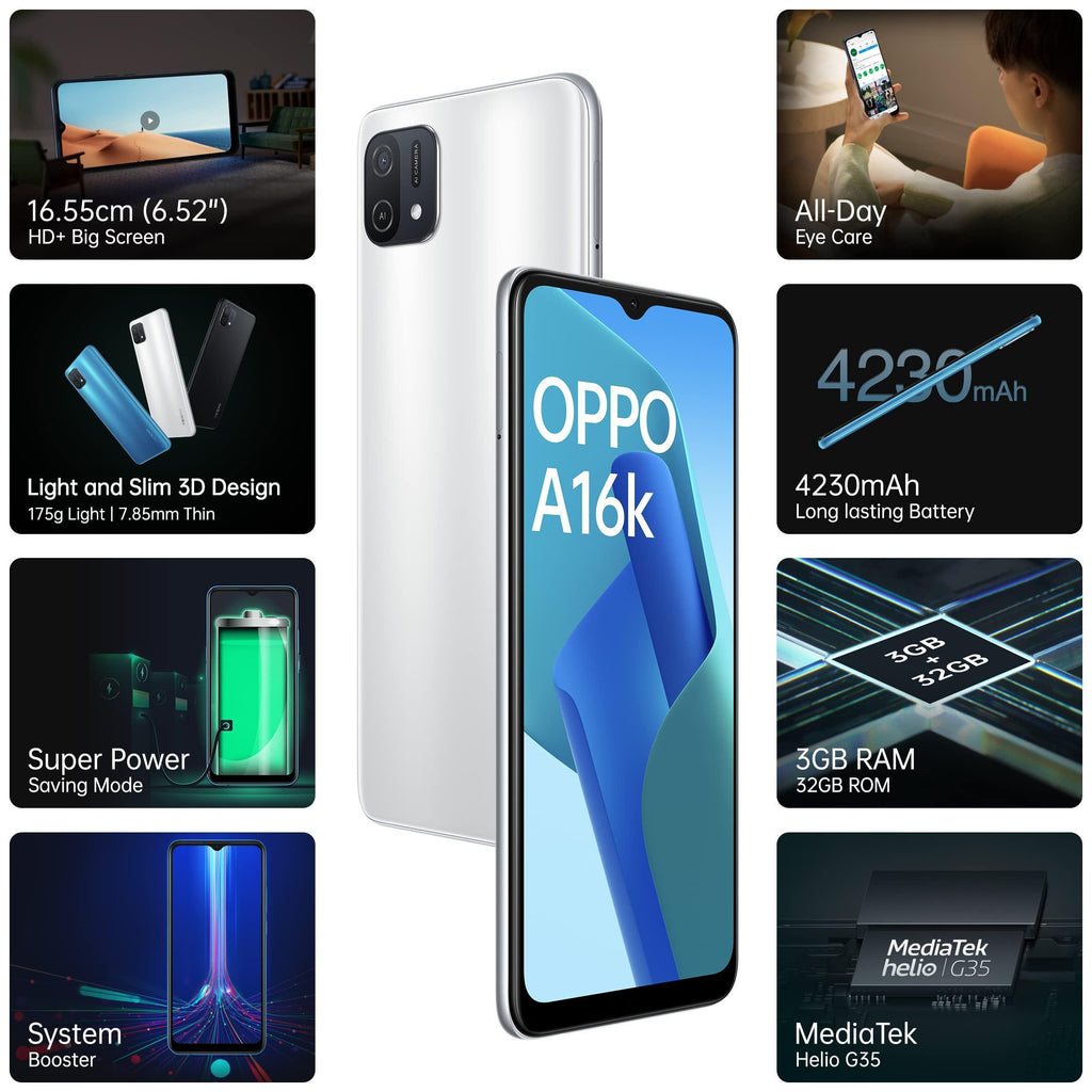 (Refurbished) Oppo A16k (White, 4GB RAM, 64GB Storage)ffers - Triveni World