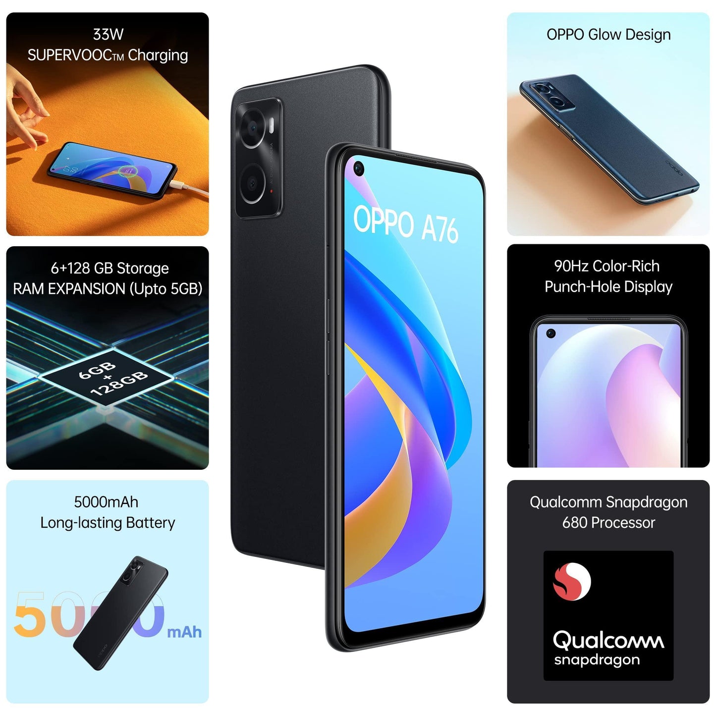 (Refurbished) OPPO A76 (Glowing Black, 6GB RAM, 128 Storage) with No Cost EMI/Additional Exchange Offers - Triveni World