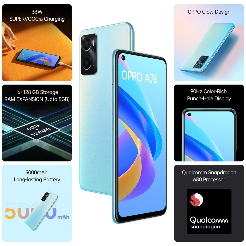 (Refurbished) OPPO A76 (Glowing Blue, 6GB RAM, 128 Storage) with No Cost EMI/Additional Exchange Offers - Triveni World