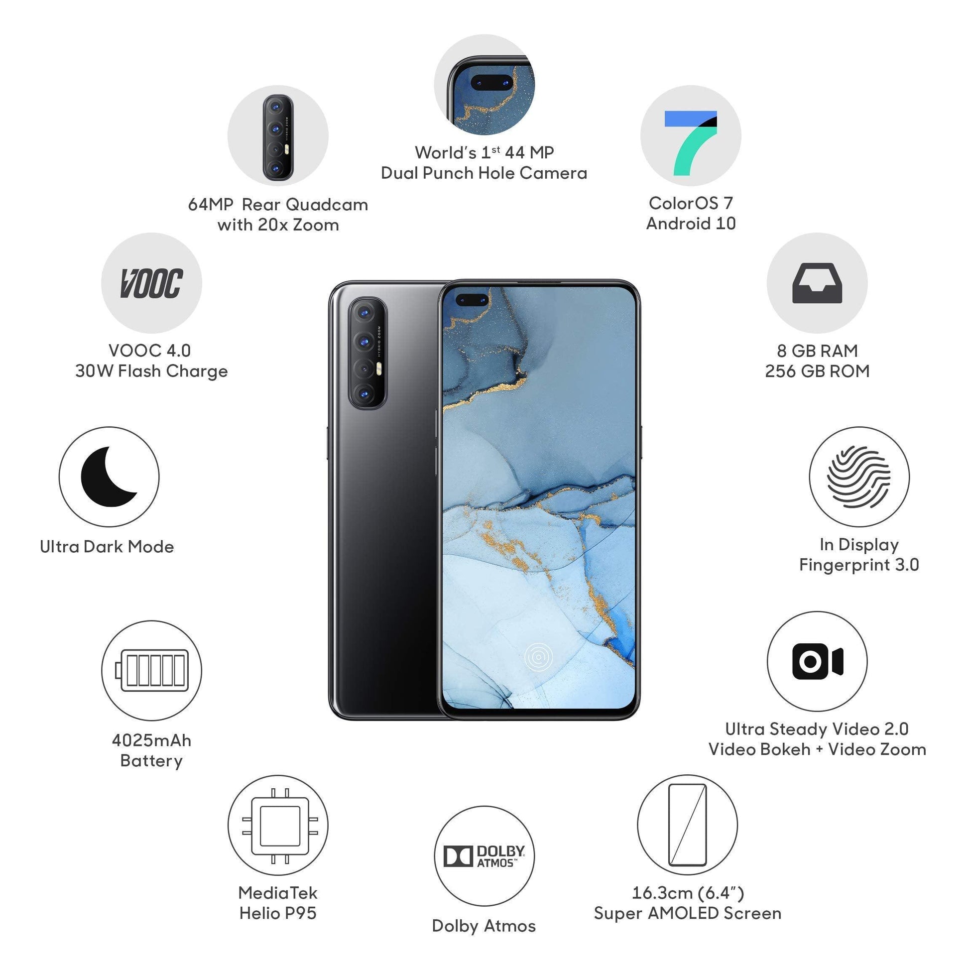 (Refurbished) OPPO Reno3 Pro (Midnight Black, 8GB RAM, 256GB Storage) - Triveni World