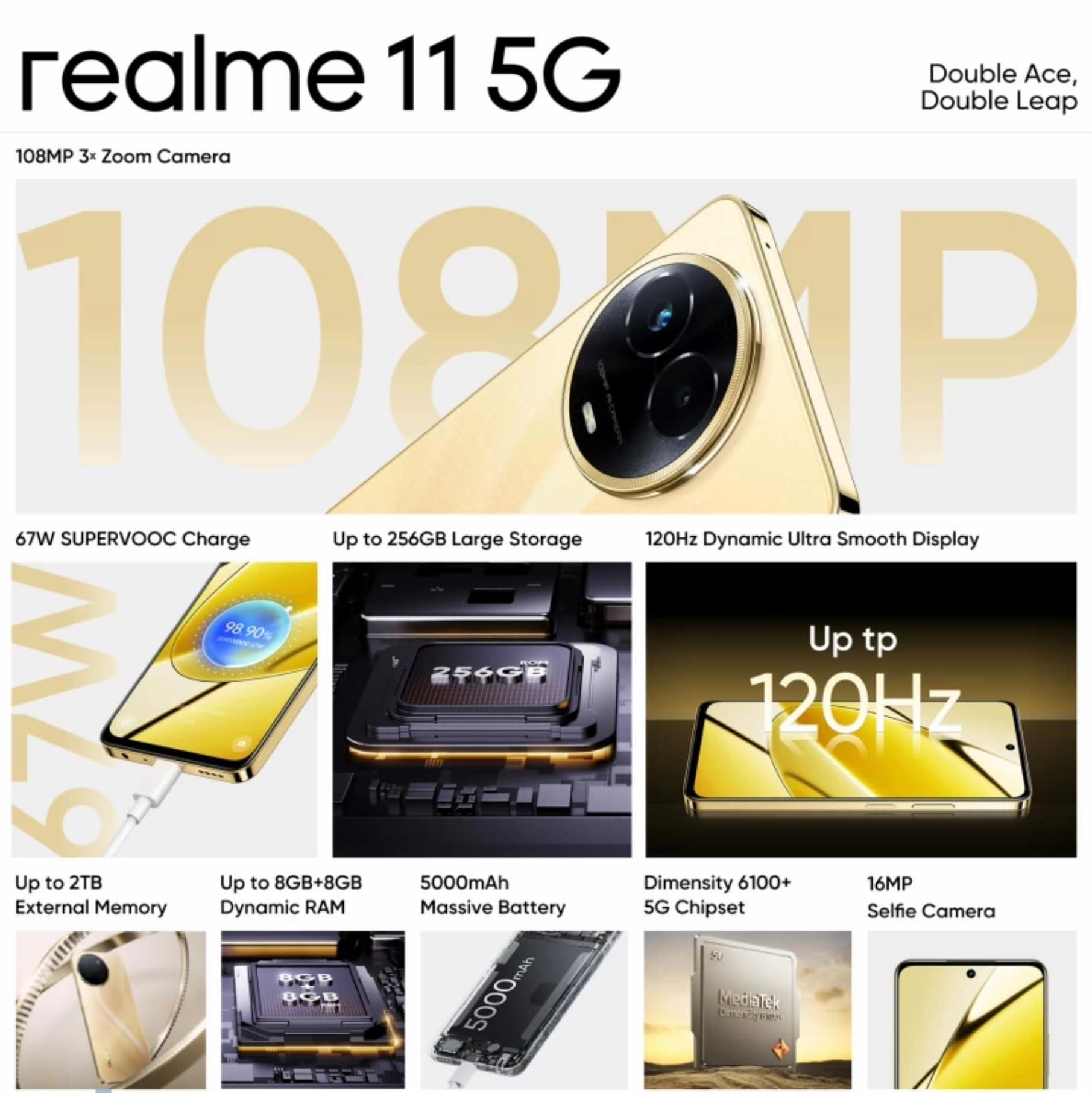 (Refurbished) realme 11 5G (Glory Gold, 8GB RAM, 256GB Storage) - Triveni World