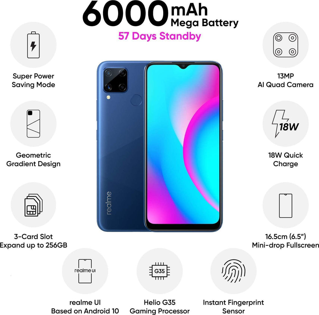 (Refurbished) Realme C15 (Power Silver, 3GB RAM, 32GB Storage) - Triveni World