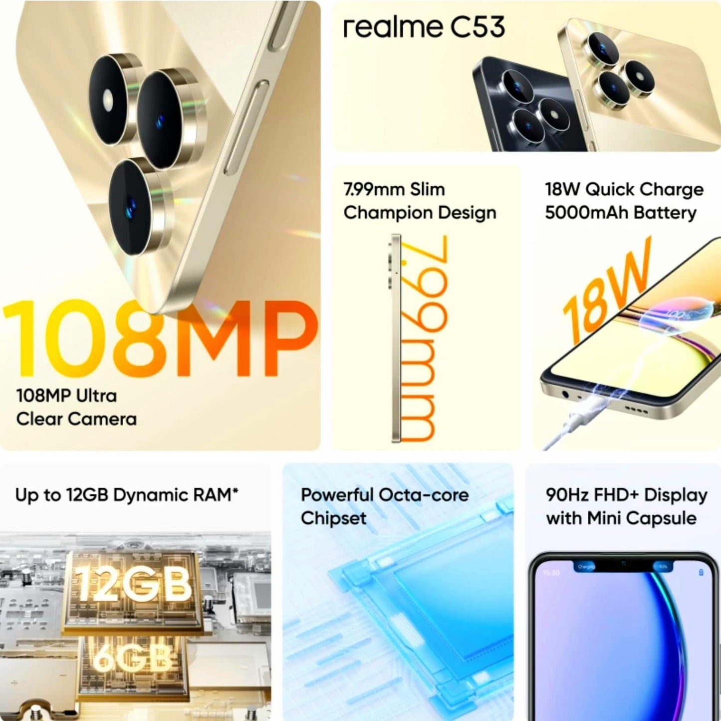 (Refurbished) realme C53, Champion Gold, 4GB RAM, 128GB Storage - Triveni World