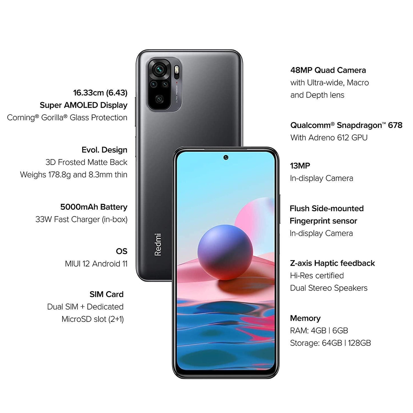 (Refurbished) Redmi Note 10 (Shadow Black, 6GB RAM, 128GB Storage) - Amoled Dot Display | 48MP IMX582 Sensor | Snapdragon 678 Processor - Triveni World