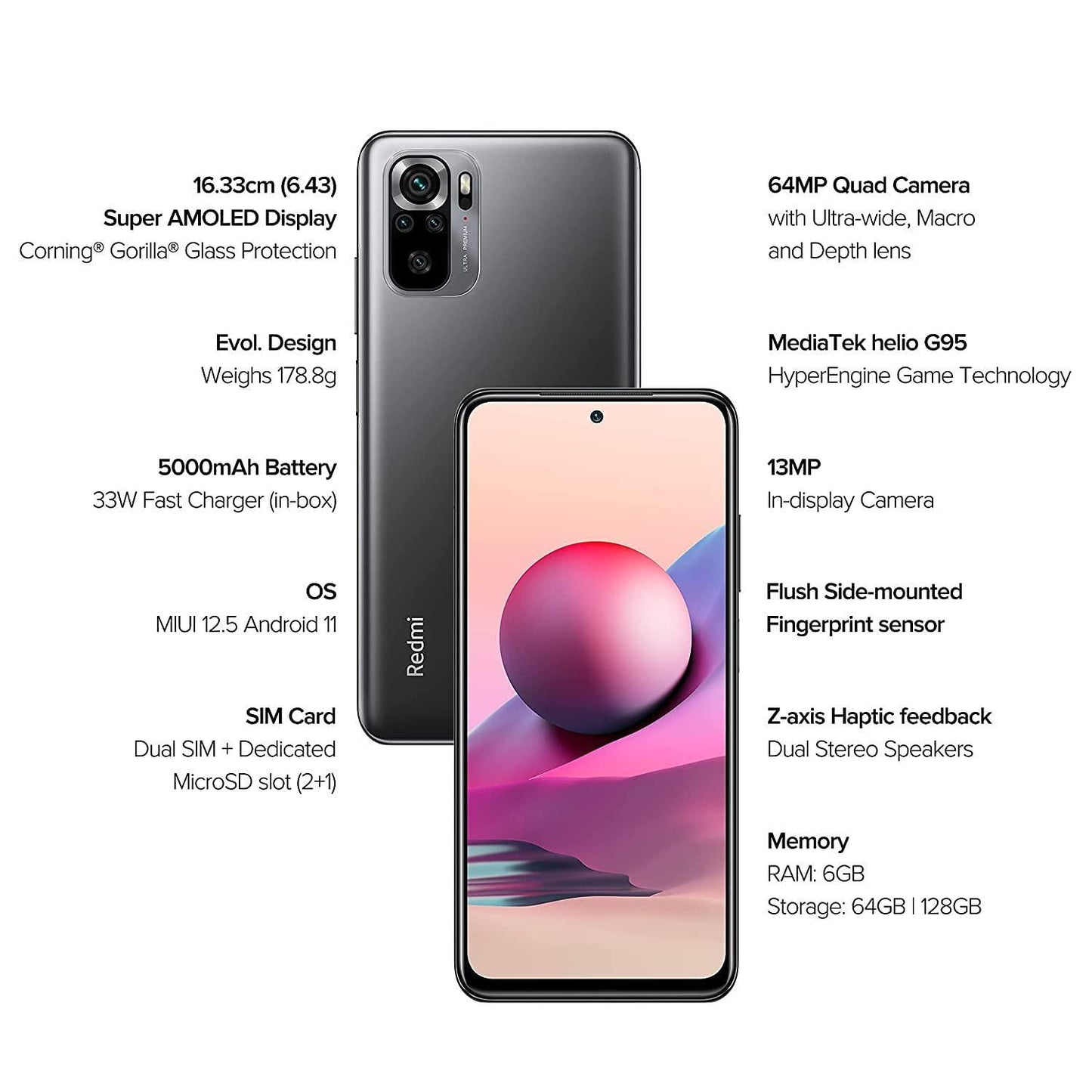 (Refurbished) Redmi Note 10S (Shadow Black, 6GB RAM, 64GB Storage) - Super Amoled Display | 64 MP Quad Camera - Triveni World