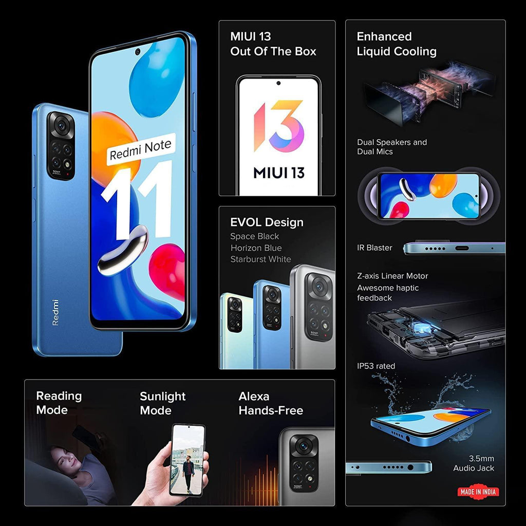 (Refurbished) Redmi Note 11 (Horizon Blue, 6GB RAM, 64GB Storage)|90Hz FHD+ AMOLED Display | Qualcomm® Snapdragon™ 680-6nm | Alexa Built-in | 33W Charger Included - Triveni World