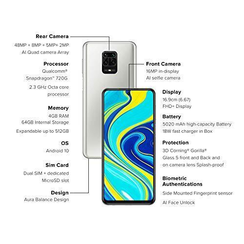 (Refurbished) Redmi Note 9 Pro (Glacier White, 4GB RAM, 64GB Storage) - Latest 8nm Snapdragon 720G & Alexa Hands-Free - Triveni World