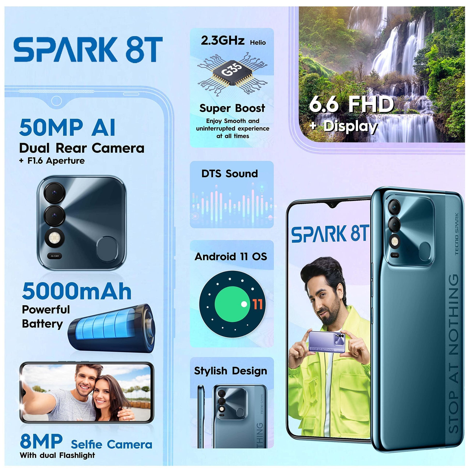 (Refurbished) Tecno Spark 8T (Atlantic Blue,4GB RAM, 64GB Storage)| 50MP AI Camera | 6.6" FHD+Display | - Triveni World