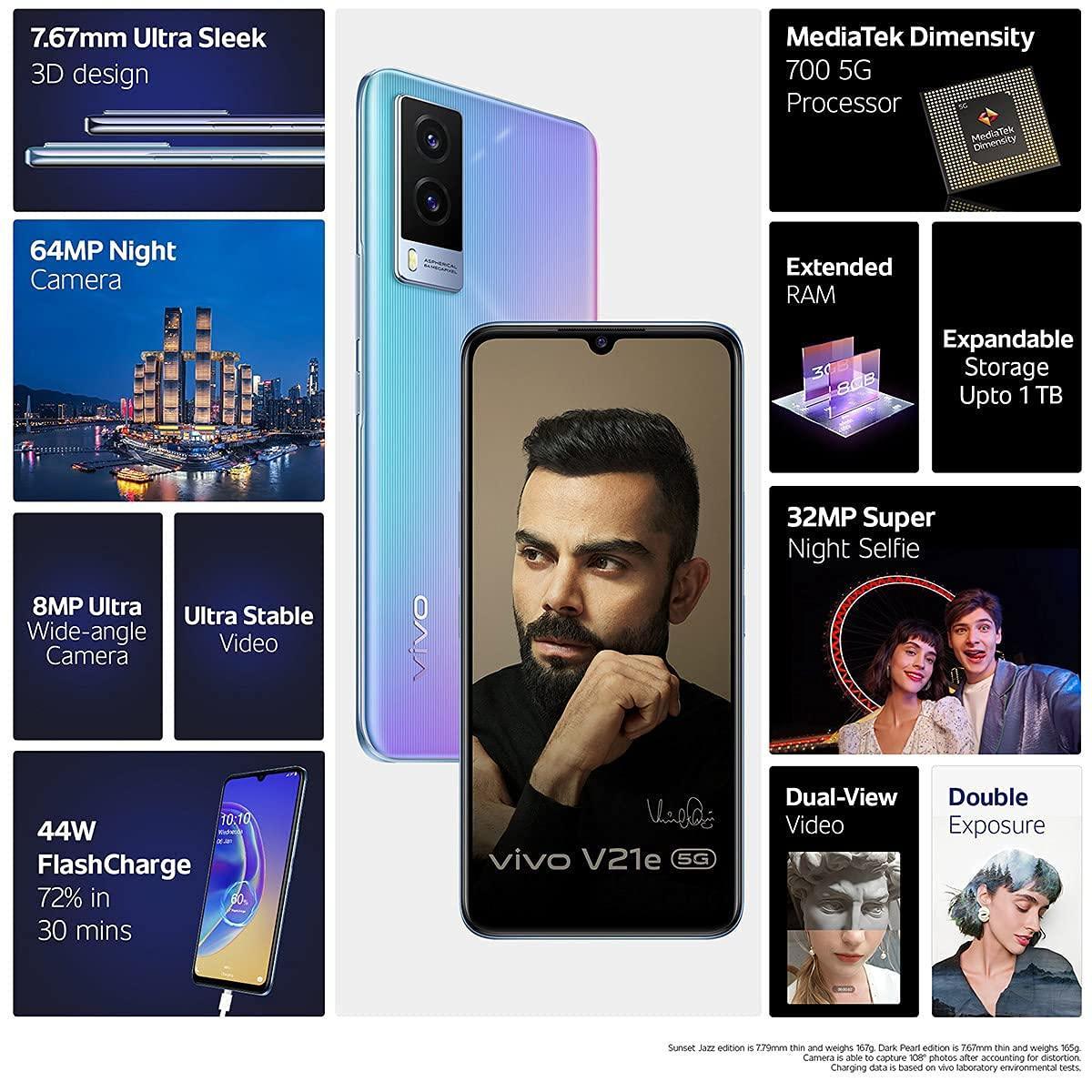 (Refurbished) Vivo V21e 5G (Sunset Jazz, 8GB RAM, 128GB Storage) with No Cost EMI/Additional Exchange Offers - Triveni World