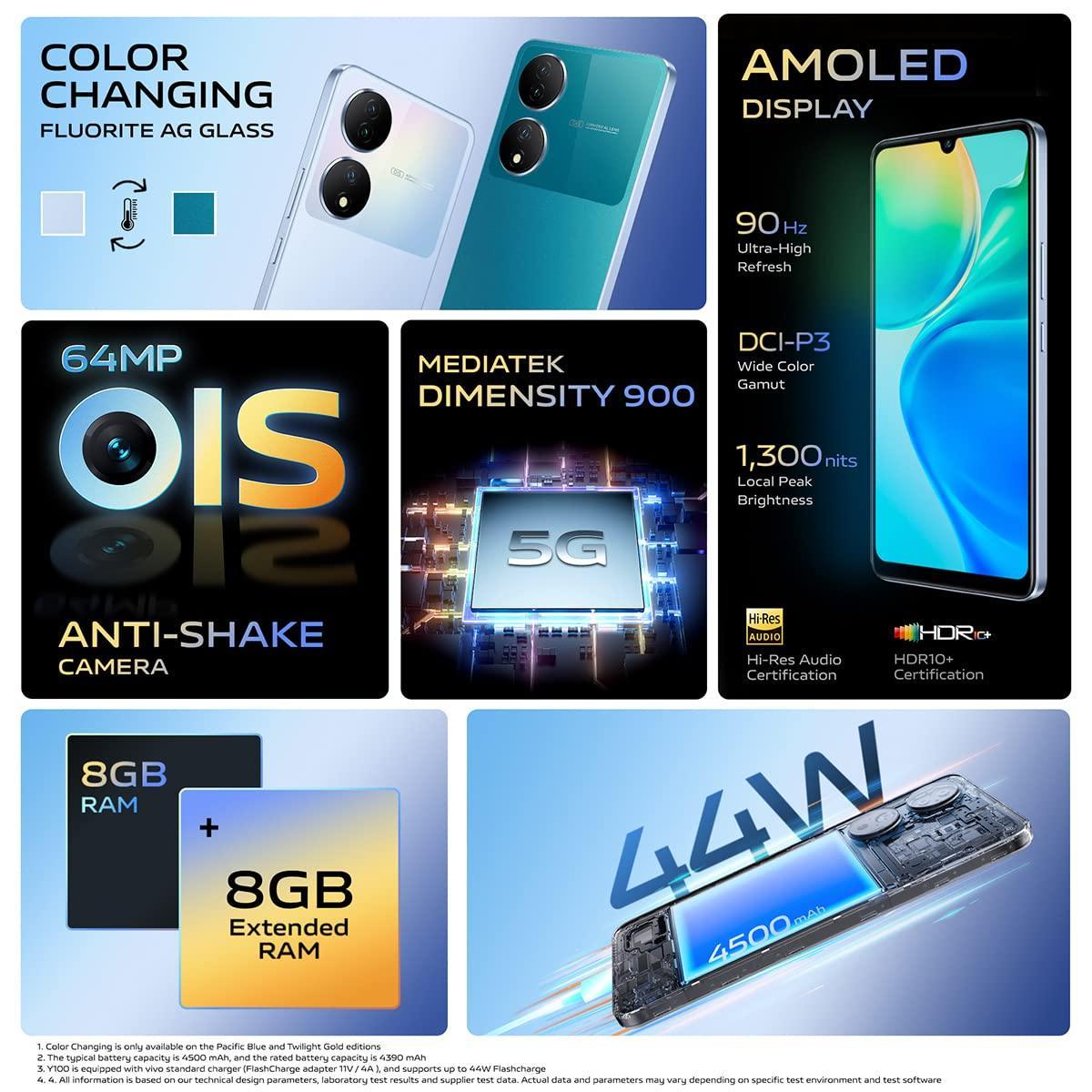 (Refurbished) Vivo Y100 5G (Pacific Blue, 8GB RAM, 128GB Storage) with No Cost EMI/Additional Exchange Offers - Triveni World