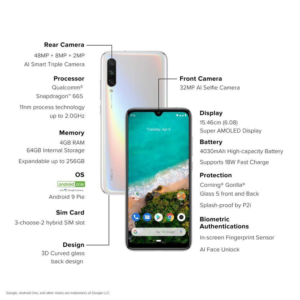 (Refurbished) Xiaomi Mi A3 (More Than White, 4GB RAM, AMOLED Display, 64GB Storage, 4030mAH Battery) - Triveni World