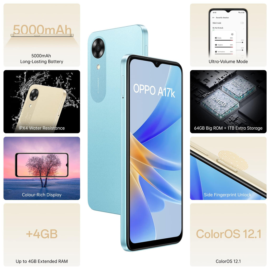 (Renewed) Oppo A17k (Blue, 3GB RAM, 64GB Storage) with No Cost EMI/Additional Exchange Offers - Triveni World