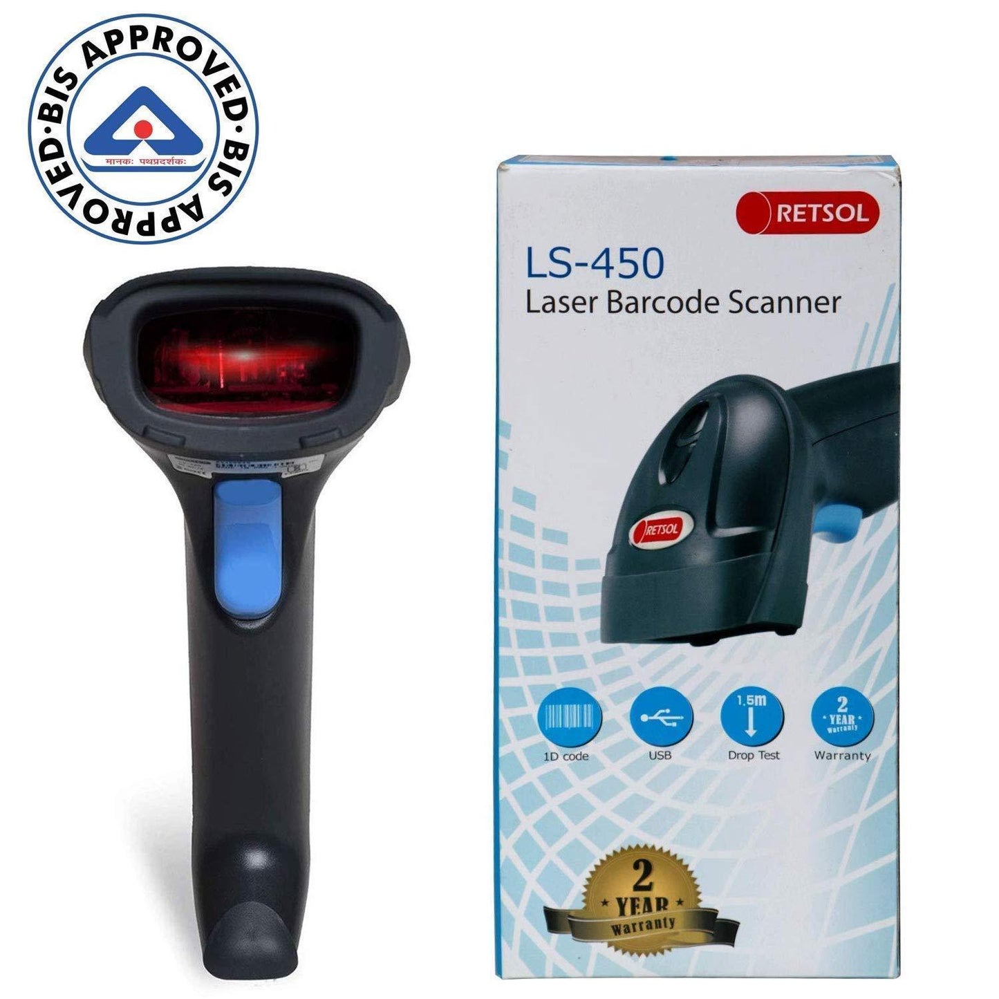 RETSOL LS 450 Laser Barcode Scanner BIS Approved Handheld 1D USB Wired Barcode Reader Optical Laser High Speed for POS System Supermarket - Triveni World