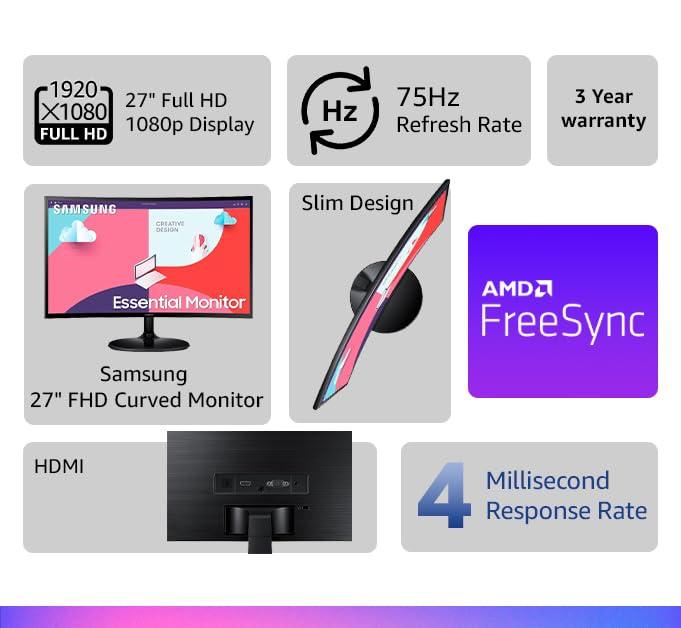 Samsung 27-Inch(68.5Cm) FHD, 1800R Curved 1,920 X 1,080 LCD Monitor, 75Hz, VA Panel, Slim Design, AMD Freesync, Flicker Free, HDMI, Audio Port (LS27C360EAWXXL, Black) - Triveni World