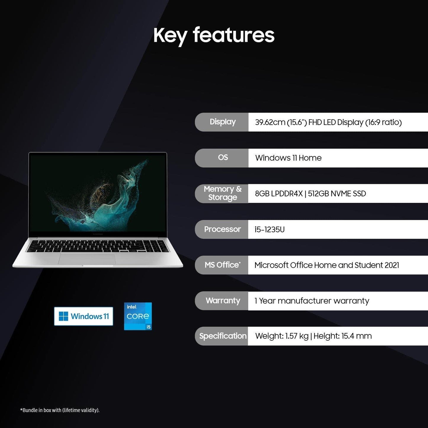 Samsung Galaxy Book2 (NP750) Intel 12th Gen core i5 39.6cm (15.6") FHD Thin & Light Laptop (8 GB/512 GB/Windows 11/MS Office/Backlit Keyboard/Finger Print Reader/Silver/1.55Kg), NP750XED-KC1IN - Triveni World