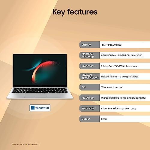 Samsung Galaxy Book3 Core i5 13th Gen 1335U - (8 GB/512 GB SSD/Windows 11 Home) Galaxy Book3 Thin and Light Laptop (15.6 Inch, Silver, 1.58 Kg, with MS Office) - Triveni World