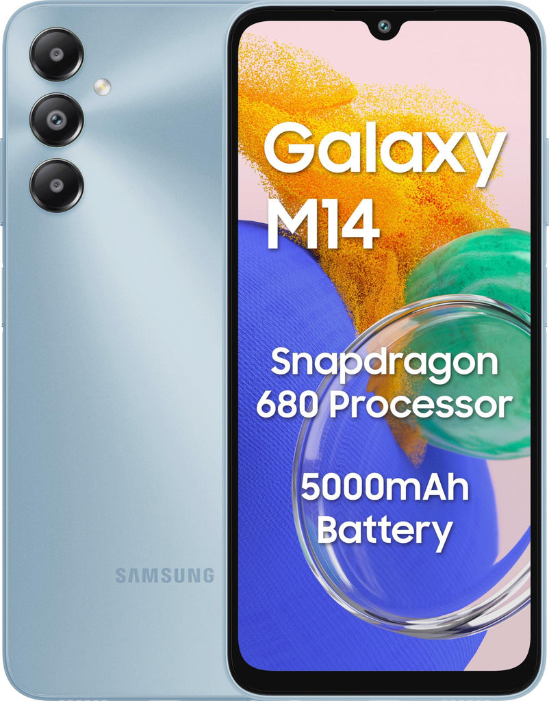 Samsung Galaxy M14 4G (Arctic Blue,4GB,64GB) | 50MP Triple Cam | 5000mAh Battery | Snapdragon 680 Processor | 2 Gen. OS Upgrade & 4 Year Security Update | 8GB RAM with RAM Plus | Without Charger - Triveni World