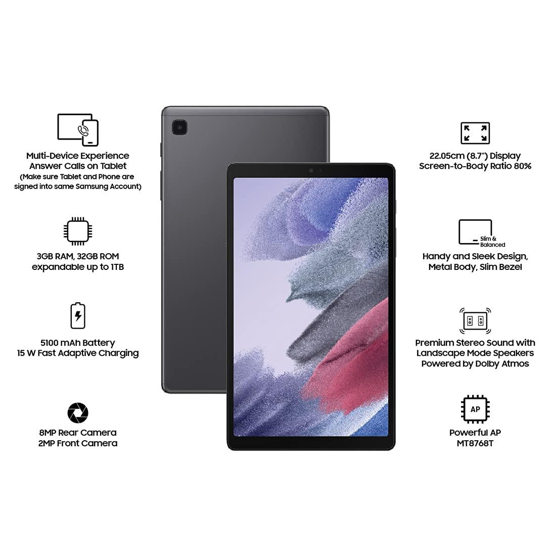 Samsung Galaxy Tab A7 Lite 8.7 inches with Calling, Slim Metal Body, Dolby Atmos Sound, RAM 3 GB, ROM 32 GB Expandable, Wi-Fi+4G Tablets, Gray - Triveni World