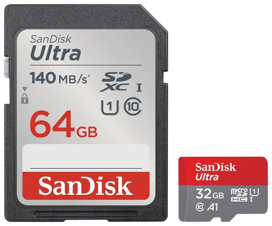 SanDisk Ultra UHS I 64GB SD Card 140MB/s for DSLR and Mirrorless Cameras, 10Y Warranty & Ultra microSD UHS-I Card 32GB, 120MB/s R - Triveni World