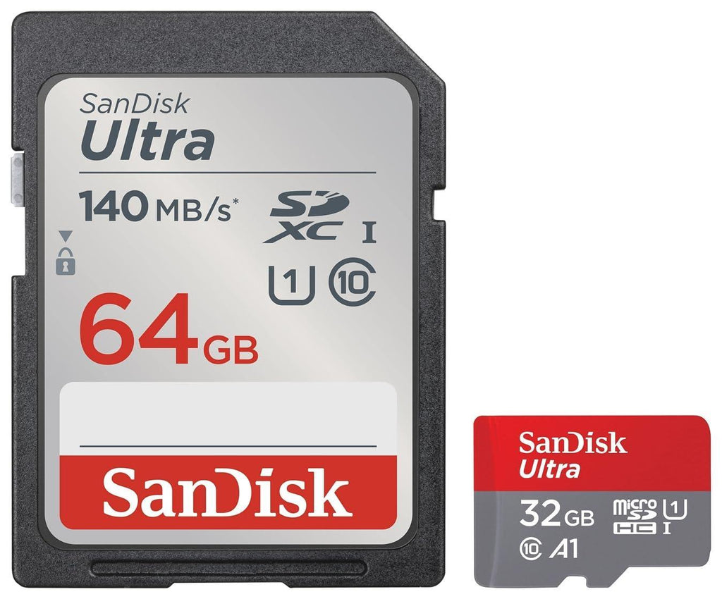 SanDisk Ultra UHS I 64GB SD Card 140MB/s for DSLR and Mirrorless Cameras, 10Y Warranty & Ultra microSD UHS-I Card 32GB, 120MB/s R - Triveni World